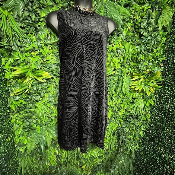 ALFANI Dress Women 12 Black Velvet Sheer Print Fit Flare A Line Sleeveless 1021‎ - Picture 1 of 9